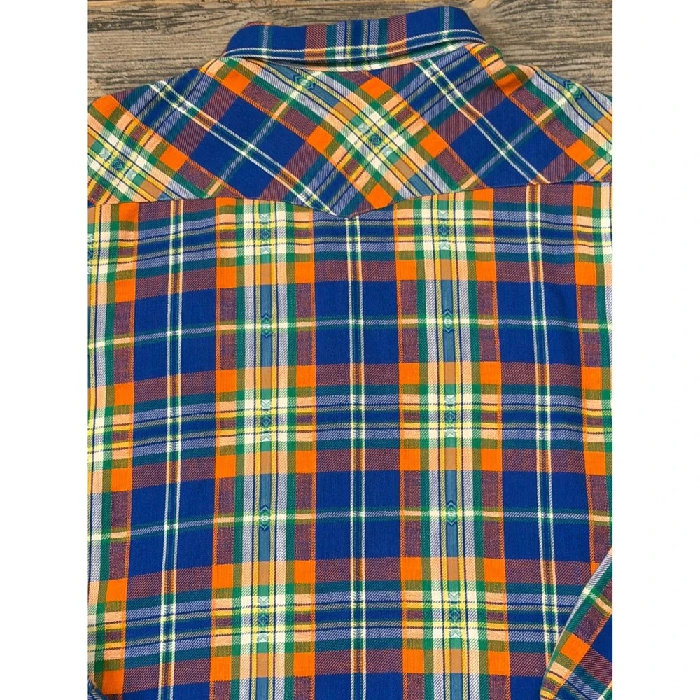 Polo Ralph Lauren‎ Mens Blue Orange Plaid Flannel Pearl Snap Western Shirt Large